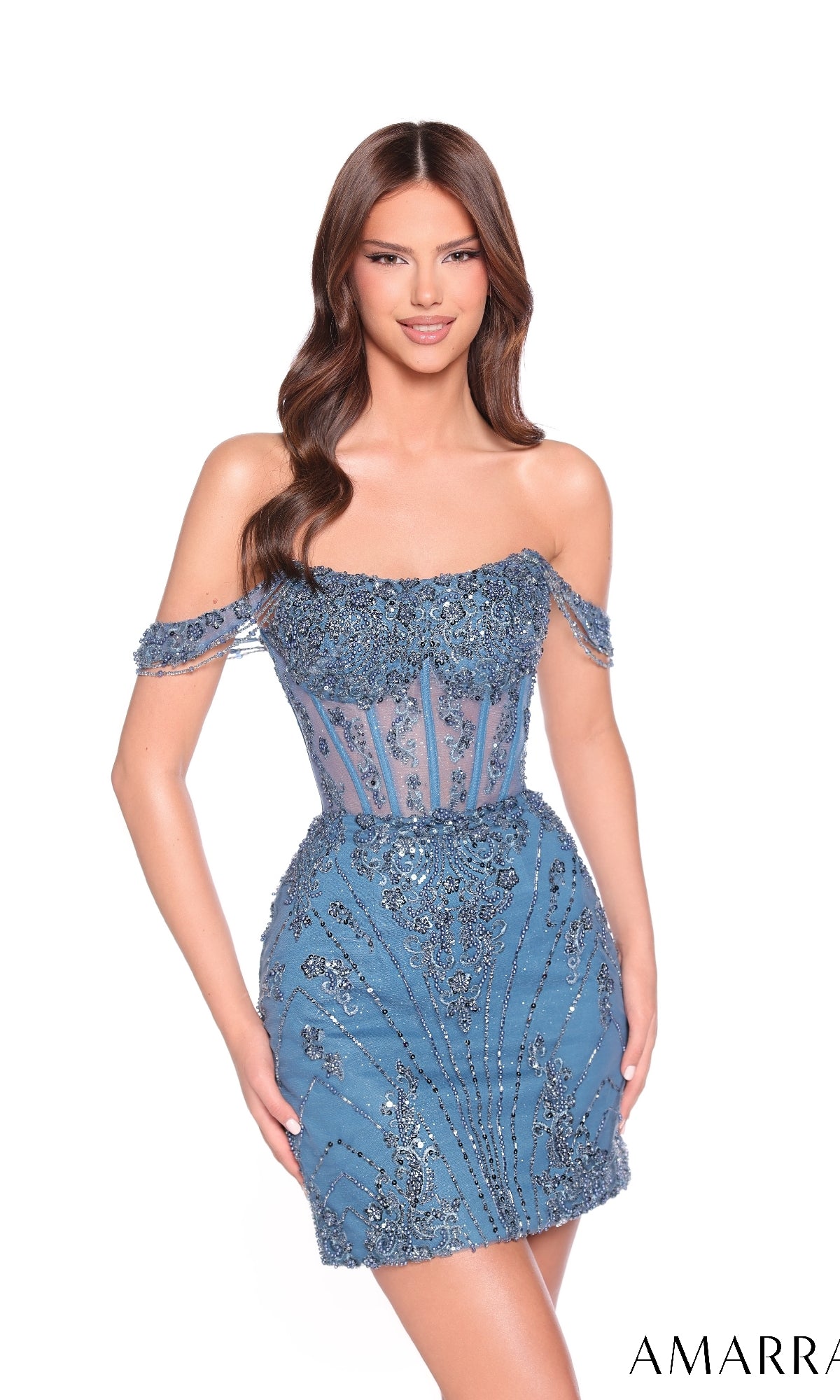 Model wearing the Off-Shoulder Short Corset Hoco Dress: Amarra 88900, a blue beaded and embroidered party dress, poses against a white background.